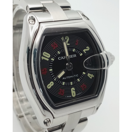 134 - A Cartier Automatic Roadster Gents Watch. Stainless steel bracelet and case - 38mm. Black dial with ... 