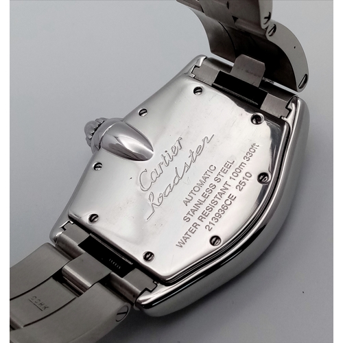 134 - A Cartier Automatic Roadster Gents Watch. Stainless steel bracelet and case - 38mm. Black dial with ... 