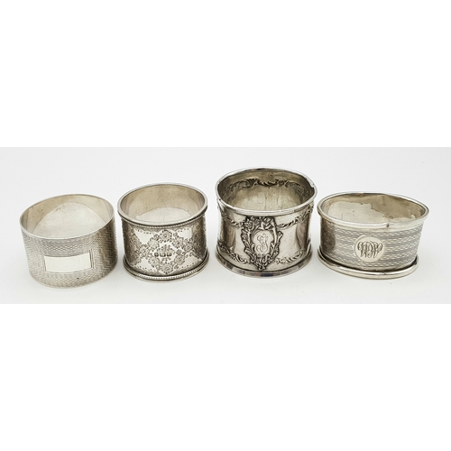 141 - Four Different Style Sterling Silver Napkin Rings. 97g total weight.