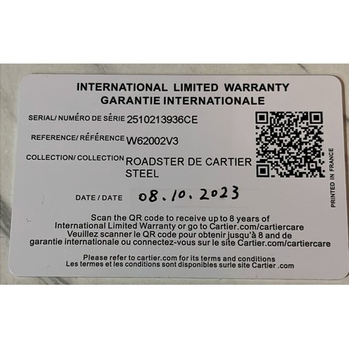 134 - A Cartier Automatic Roadster Gents Watch. Stainless steel bracelet and case - 38mm. Black dial with ... 