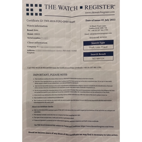 20 - A Rolex Yacht-Master Automatic Unisex Watch. Model 168622. Stainless steel bracelet and case - 36mm.... 