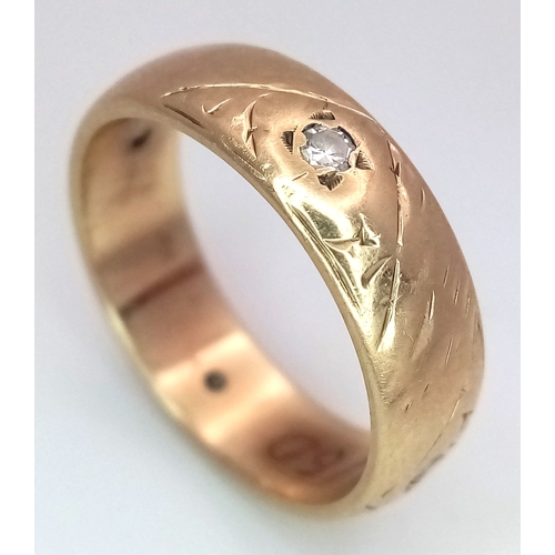 16 - An Antique, Victorian, 9K Gold, Diamond Set Band Ring. Four inlaid diamonds. Hallmarks for Sheffield... 