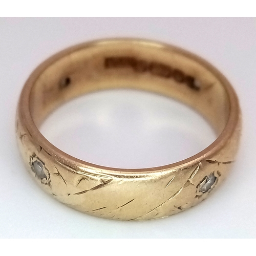 16 - An Antique, Victorian, 9K Gold, Diamond Set Band Ring. Four inlaid diamonds. Hallmarks for Sheffield... 