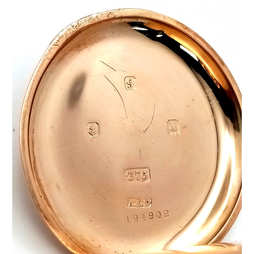 2 - An Antique 9K Gold Full Hunter Pocket Watch. Top winder. 50mm gold case. Birmingham hallmarks. In wo... 