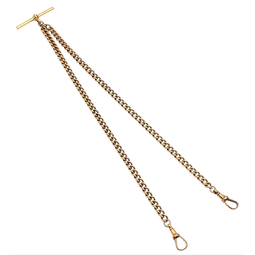 4 - An Antique 9K Rose Gold Albert Chain. Classic T-bar with twin curb link chains and lobster clasps. 2... 