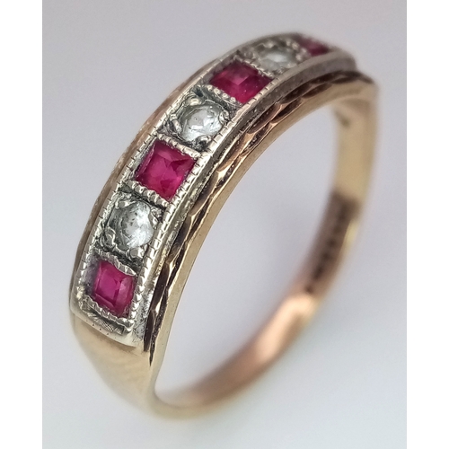 51 - A Vintage 9K Yellow Gold, Ruby and Diamond Ring. Alternating gemstones. Size L 1/2. 2.44g total weig... 