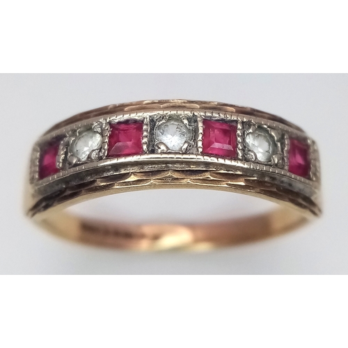 51 - A Vintage 9K Yellow Gold, Ruby and Diamond Ring. Alternating gemstones. Size L 1/2. 2.44g total weig... 
