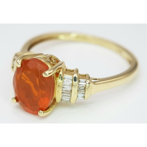 43 - A 14K Yellow Gold, Fire Opal and Diamond Ring. Oval cut 1.5ct fire opal with tapered baguette diamon... 