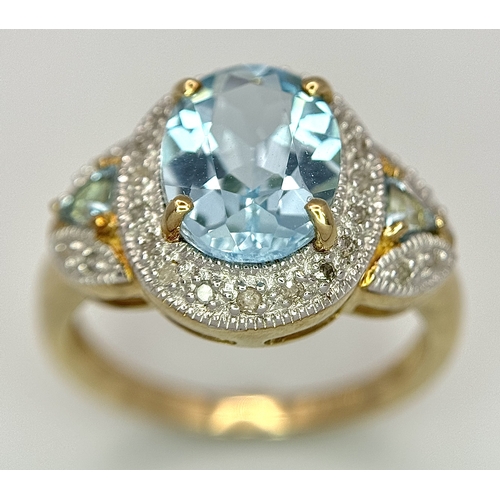 19 - A 14K Yellow Gold, Blue Topaz and Diamond Ring. 3ct oval cut, ice blue central topaz with 0.14ctw of... 