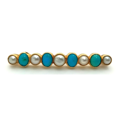 230 - An Antique, Victorian, 18K Gold (tested) Pearl and Turquoise, Bar Brooch. 4cm. 3.8g total weight.