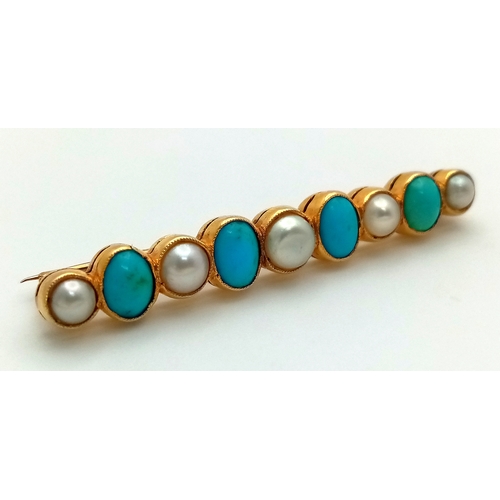 230 - An Antique, Victorian, 18K Gold (tested) Pearl and Turquoise, Bar Brooch. 4cm. 3.8g total weight.