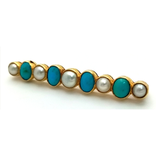 230 - An Antique, Victorian, 18K Gold (tested) Pearl and Turquoise, Bar Brooch. 4cm. 3.8g total weight.