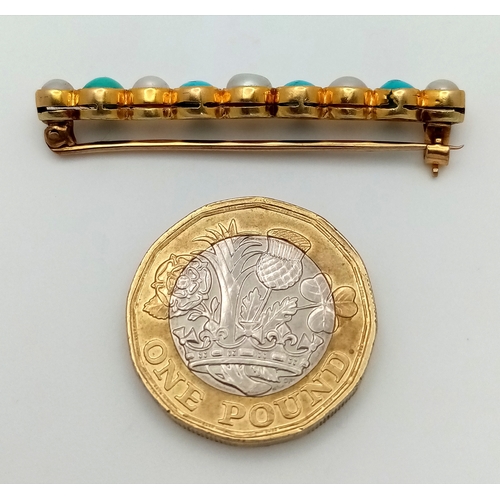 230 - An Antique, Victorian, 18K Gold (tested) Pearl and Turquoise, Bar Brooch. 4cm. 3.8g total weight.