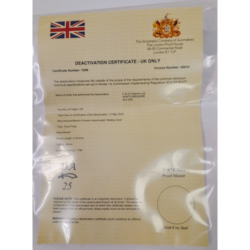 252 - A deactivated Webley Scott single shot flare pistol, barrel length 4.23 inch, 26mm calibre, UK/EU sa... 