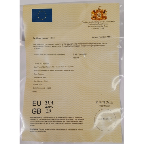 259 - A WWI deactivated Webley and Scott Mk6 .455 service revolver. 6 inch barrel length. UK/EU sales only... 