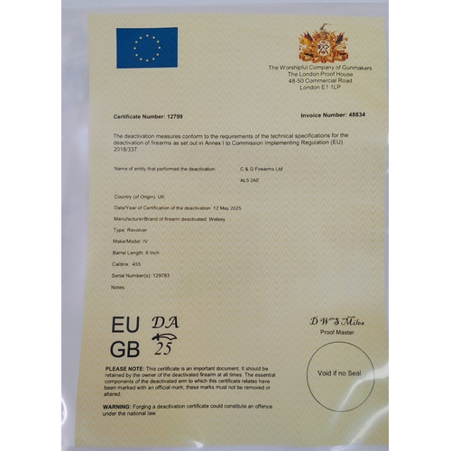 266 - A deactivated Webley Mk IV Revolver, 6 inch barrel length, 0.455  calibre. UK/EU Sales Only - Not Ho... 