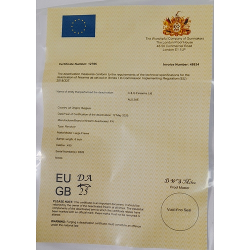 280 - A deactivated FN large frame revolver, 6 inch barrel length, 0.455 calibre. UK/EU Sales Only - Not H... 