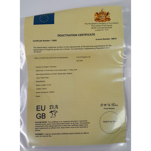 315 - A deactivated Walther single shot flare pistol, 6 inch barrel, 25mm calibre. UK/EU Sales Only - Not ... 