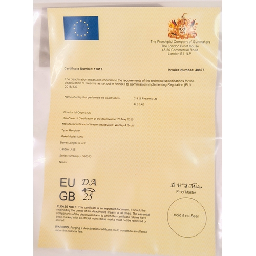 322 - A WW1 deactivated Webley and Scott Mk 6 Revolver, 6 inch barrel, 0.455 calibre. UK/EU Sales Only - N... 