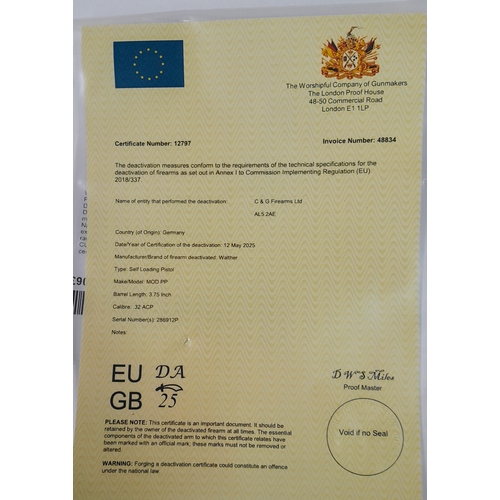 329 - A deactivated Walther MOD PP self loading pistol, 3.75 inch barrel length, .32 ACP calibre. UK/EU Sa... 