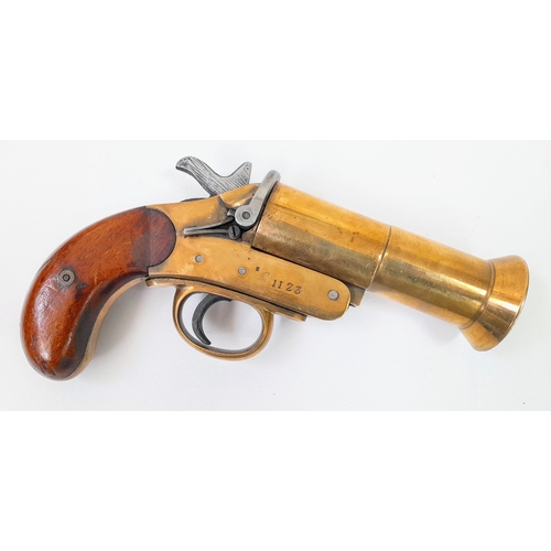 336 - A deactivated Shermuly bell mouth brass single shot flare pistol, 5 inch barrel length, 27mm calibre... 