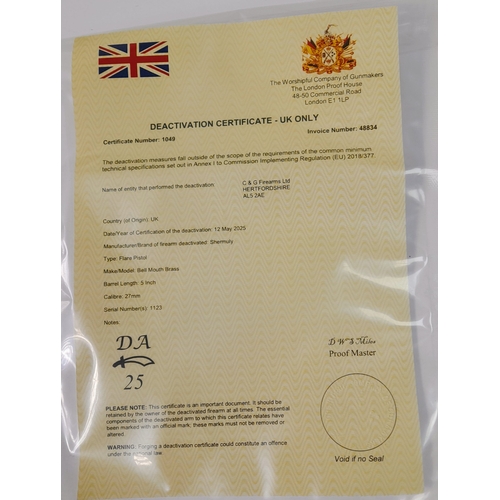 336 - A deactivated Shermuly bell mouth brass single shot flare pistol, 5 inch barrel length, 27mm calibre... 