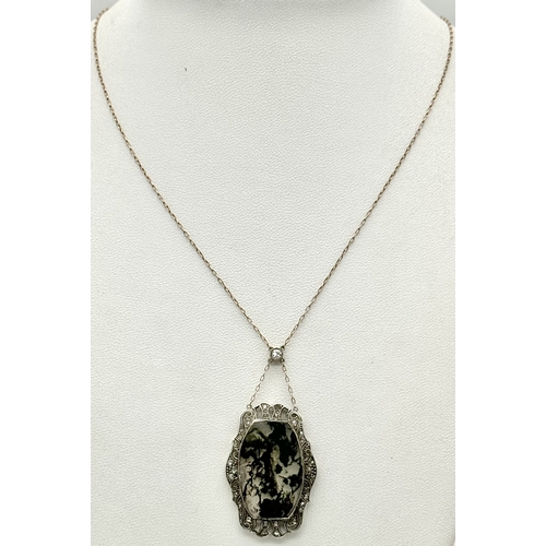 349 - An Antique Gold (tests as 18K), Silver, Diamond, Rutilated Quartz Art Deco Pendant - On a 14K yellow... 