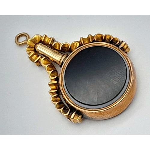 356 - An Antique, 14K Gold (tests as) Bloodstone Fob Pendant. 4cm. 9.83g.