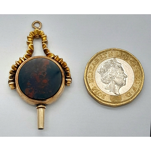 356 - An Antique, 14K Gold (tests as) Bloodstone Fob Pendant. 4cm. 9.83g.