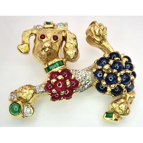 197 - A Fabulous 18K Yellow Gold and Multi-Gemstone Set French Poodle Brooch. Sapphires, Diamonds, Rubies ... 