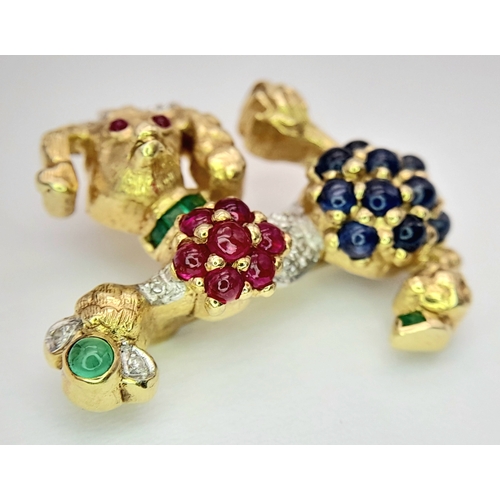 197 - A Fabulous 18K Yellow Gold and Multi-Gemstone Set French Poodle Brooch. Sapphires, Diamonds, Rubies ... 