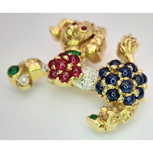 197 - A Fabulous 18K Yellow Gold and Multi-Gemstone Set French Poodle Brooch. Sapphires, Diamonds, Rubies ... 