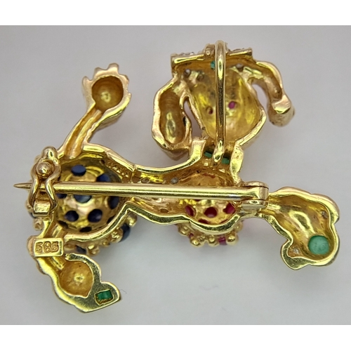 197 - A Fabulous 18K Yellow Gold and Multi-Gemstone Set French Poodle Brooch. Sapphires, Diamonds, Rubies ... 