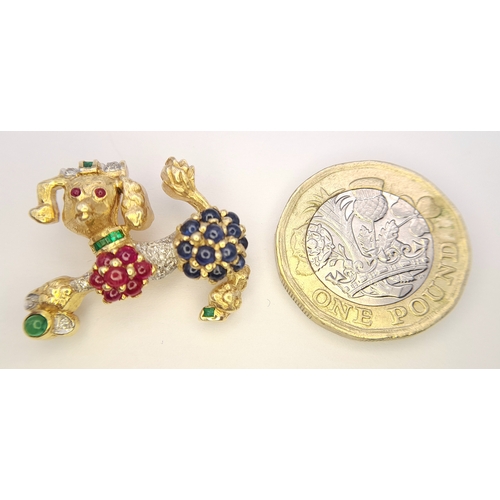 197 - A Fabulous 18K Yellow Gold and Multi-Gemstone Set French Poodle Brooch. Sapphires, Diamonds, Rubies ... 