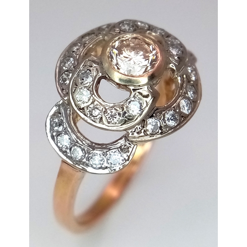 241 - A Vintage 14K Yellow Gold Diamond Cluster Ring. Central 0.3ct round brilliant cut diamond with a thi... 