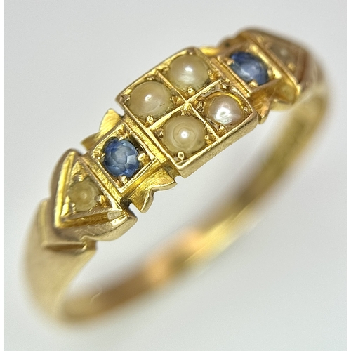 187 - AN 18K YELLOW GOLD ANTIQUE SAPPHIRE AND PEARL SET RING. HALLMARKED BIRMINGHAM 1904. 2.6G TOTAL WEIGH... 