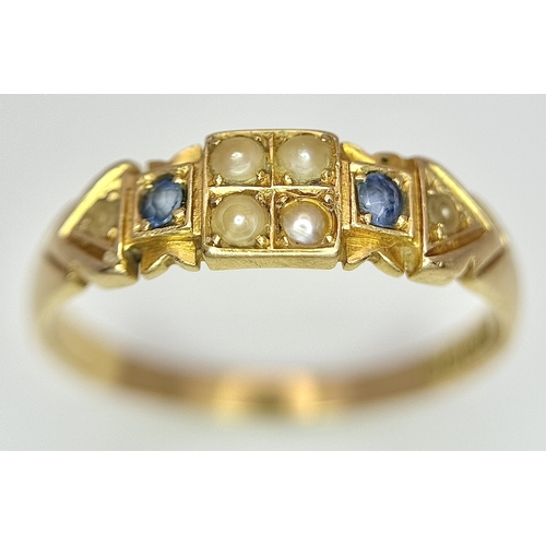 187 - AN 18K YELLOW GOLD ANTIQUE SAPPHIRE AND PEARL SET RING. HALLMARKED BIRMINGHAM 1904. 2.6G TOTAL WEIGH... 
