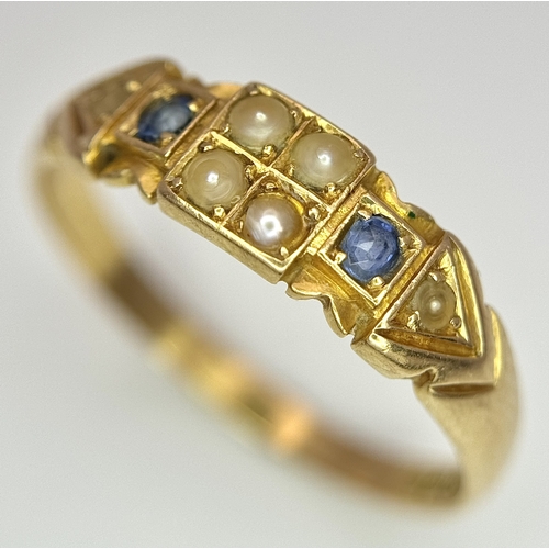 187 - AN 18K YELLOW GOLD ANTIQUE SAPPHIRE AND PEARL SET RING. HALLMARKED BIRMINGHAM 1904. 2.6G TOTAL WEIGH... 