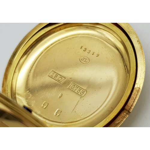 24 - An 18K Gold, Small Full Hunter Pocket Watch. Top winder. White dial with second sub dial. 40mm case ... 