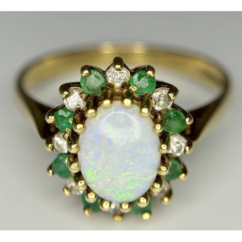 248 - A 9K Yellow Gold, Opal, Emerald and Diamond Ring. Size M. 2.55g total weight. N12/3755