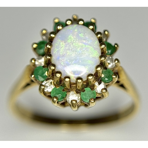 248 - A 9K Yellow Gold, Opal, Emerald and Diamond Ring. Size M. 2.55g total weight. N12/3755