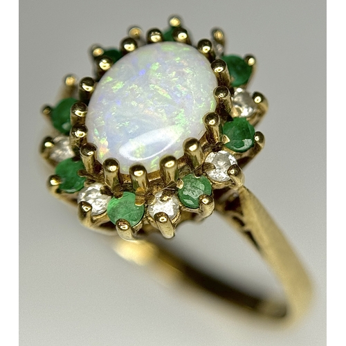 248 - A 9K Yellow Gold, Opal, Emerald and Diamond Ring. Size M. 2.55g total weight. N12/3755