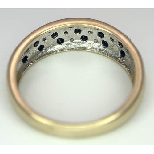 260 - A 9K YELLOW GOLD DIAMOND AND SAPPHIRE SET RING. 2.4G TOTAL WEIGHT, SIZE M. Ref: SC 2039