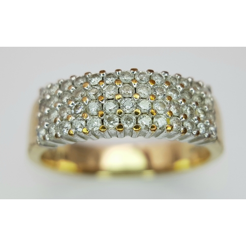 267 - A 9K YELLOW GOLD DIAMOND FOUR ROW RING. 0.50CTW, 3.5G TOTAL WEIGHT, SIZE P. Ref: SC 2043