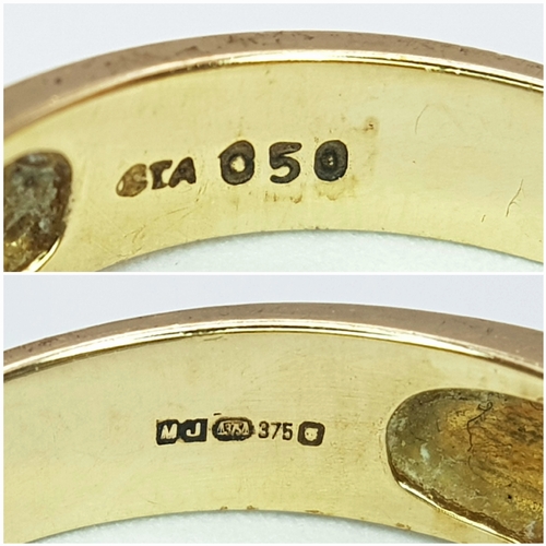 267 - A 9K YELLOW GOLD DIAMOND FOUR ROW RING. 0.50CTW, 3.5G TOTAL WEIGHT, SIZE P. Ref: SC 2043