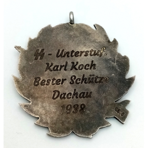 278 - 1938 German  800 silver Shooting Medal awarded to an SS Soldier at Dachau Barracks.