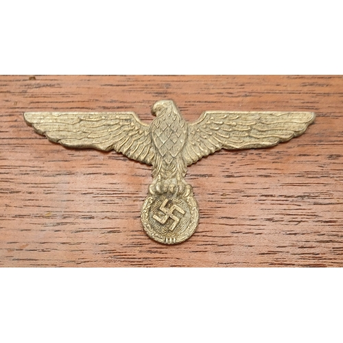 289 - WW2 German Kriegsmarine Tropical Helmet Eagle stuck on a Wooden Desk Top Cigar Box.