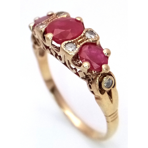 309 - A 9K YELLOW GOLD DIAMOND AND RUBY RING. 3.3G TOTAL WEIGHT. SIZE S. Ref: SC 2006