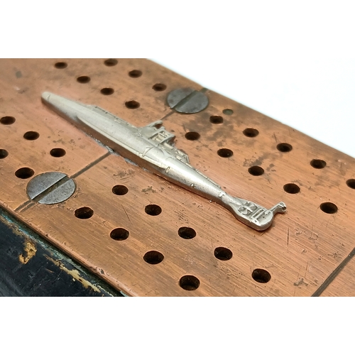 319 - WW1 British WW1 Submariners Home Made Crib Board with a silver submarine sweethearts brooch soldered... 
