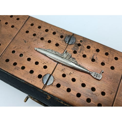 319 - WW1 British WW1 Submariners Home Made Crib Board with a silver submarine sweethearts brooch soldered... 